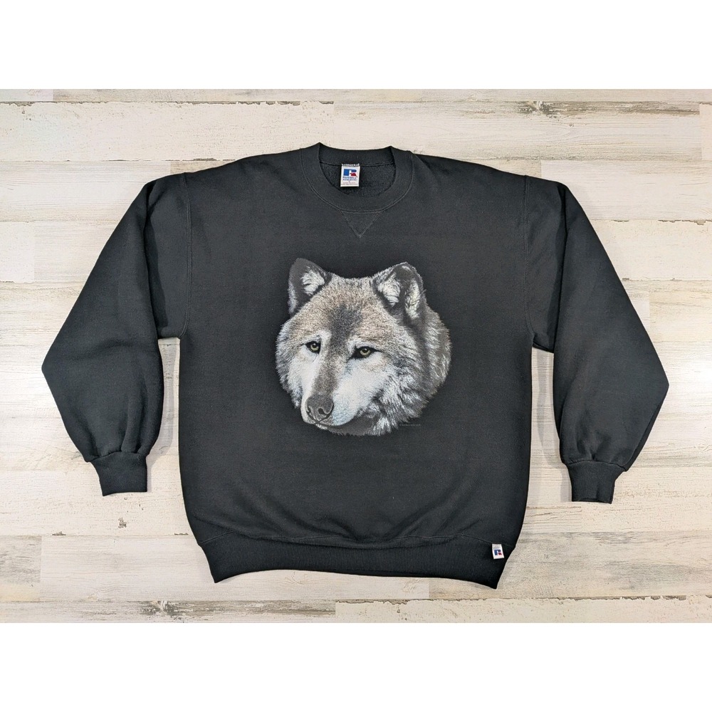 Vintage Russell Athletic Mens Large Gray Wolf Sweatshirt USA Made Black 90s
